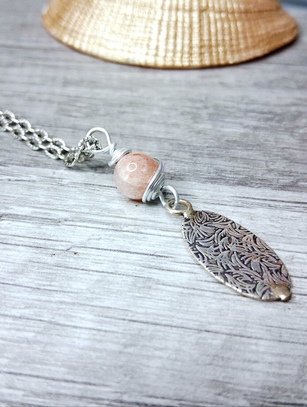 Textured Silver Pendant Choker Necklace with Sunstone Accent